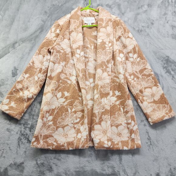 Rachel Zoe Jacket Womens Size M Tan White Floral Fuzzy Open Front Long Length - Picture 1 of 8